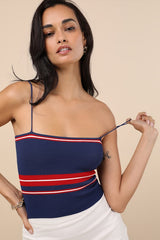 Lenore Navy Blue Striped Ribbed Crop Top