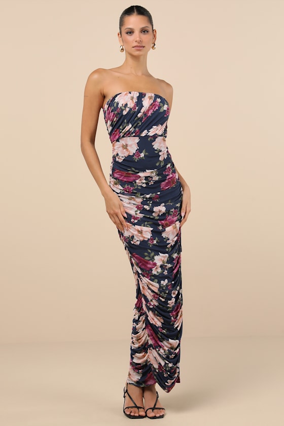 Averie Navy Floral Mesh Strapless Maxi Dress