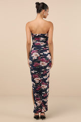Averie Navy Floral Mesh Strapless Maxi Dress