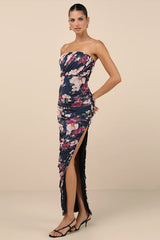Averie Navy Floral Mesh Strapless Maxi Dress