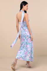 Malani Light Blue Floral Satin Sash Midi Dress