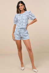 Aminta Blue Eyelet Embroidered Puff Sleeve Top