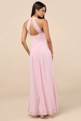Marilina Light Pink Pleated Twist-Front Maxi Dress