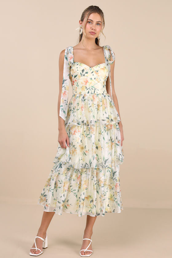 Svea Light Yellow Floral Tiered Tie-Strap Midi Dress