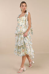 Svea Light Yellow Floral Tiered Tie-Strap Midi Dress