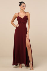 Event Ready Burgundy Backless Lace-Up Maxi Dress
