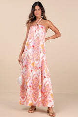 Nikoletta Coral Pink Paisley Print Halter Maxi Dress