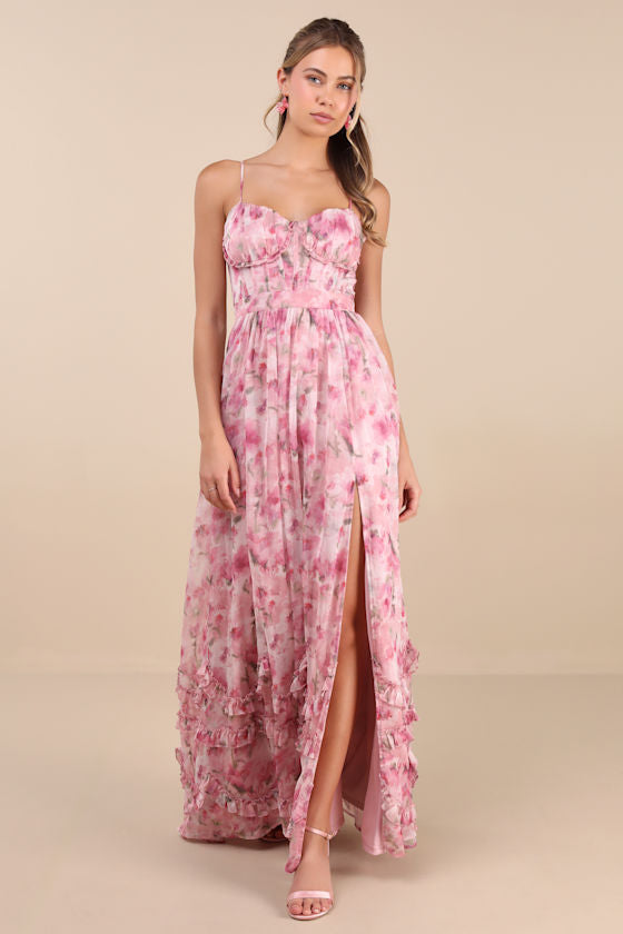 Novella Pink Floral Ruffled Bustier Lace-Up Maxi Dress
