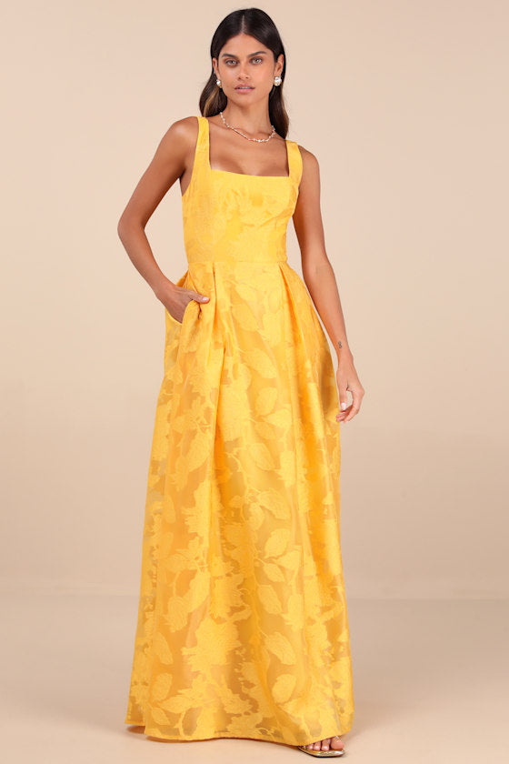 Perfected Aura Yellow Jacquard Tie-Back Maxi Dress with Pockets