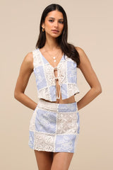 Elfreda Blue and Cream Crochet Knit Patchwork Mini Skirt