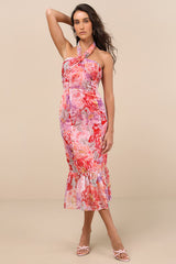 Juno Red Multi Floral Halter Trumpet Midi Dress