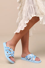 Killian Blue Tropical Print Slide Sandals