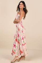 Balbina Beige Floral Smocked Drop Waist Maxi Dress