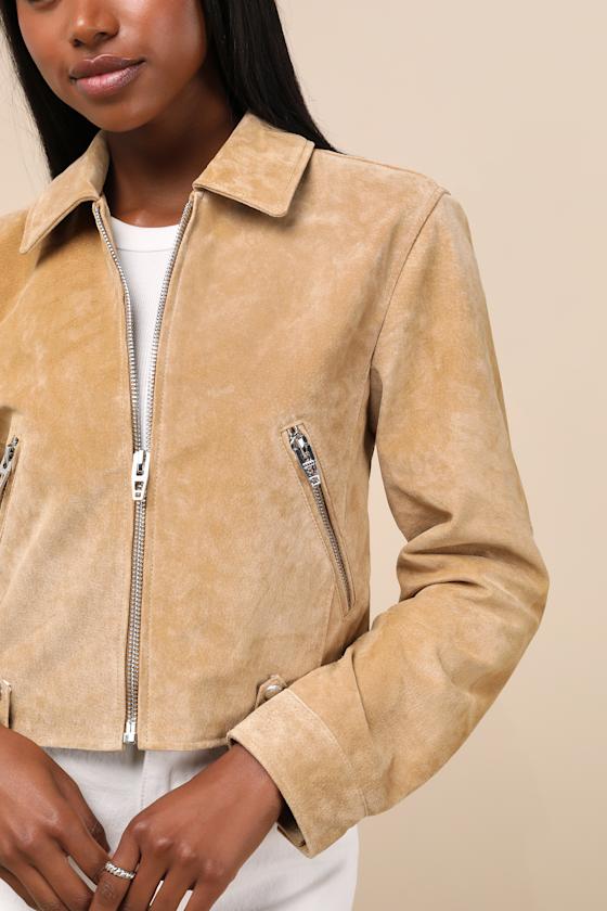 Isidora Tan Suede Leather Cropped Jacket
