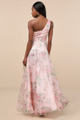 Truly Extraordinary Pink Floral Organza One-Shoulder Maxi Dress