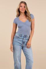 Required Style Dusty Blue Textured Ribbed Ruched Bodysuit