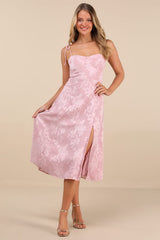 Loveliest Looks Blush Pink Floral Jacquard Tie-Strap Midi Dress