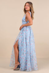 Garden Romance Light Blue Floral Print Organza Maxi Dress