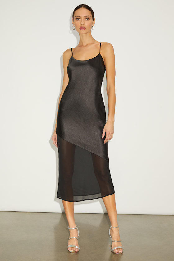 Drew Black Satin and Chiffon Midi Slip Dress