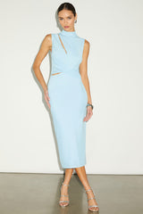 Kamara Light Blue Mesh Cutout Knotted Midi Dress