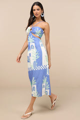 Beliana Blue Multi Print Halter O-Ring Midi Dress