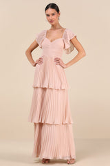 Notorious Charm Blush Pleated Flutter Sleeve Maxi Dress
