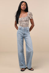 Oh Darling Black and Tan Dot Print Puff Sleeve Top