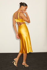 Unmatched Elegance Golden Yellow Satin Sleeveless Midi Dress