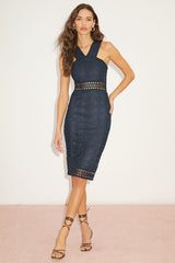 Cocktail Ready Navy Blue Crochet Lace Midi Dress