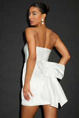 Soiree Hour White Satin Strapless Bow Mini Dress