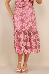Quintessa Pink Floral Crochet Lace Tiered Midi Skirt