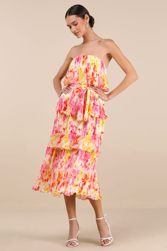 Nessa Yellow and Pink Abstract Plisse Tiered Midi Dress