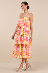 Nessa Yellow and Pink Abstract Plisse Tiered Midi Dress