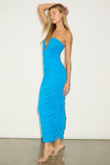 Daphina Bright Blue Cutout U-Bar Ruched Midi Dress