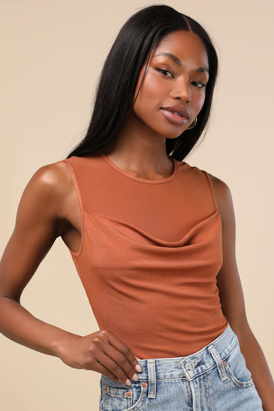 Corrine Rust Orange Mesh Cowl Tank Top
