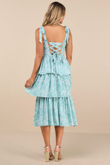 Lovely Bliss Aqua Floral Jacquard Strapless Bustier Midi Dress