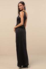 Dreaming of Elegance Black Satin One-Shoulder Maxi Dress