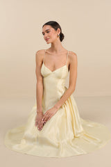 Paride Shiny Light Yellow Gathered Lace-Up Midi Dress