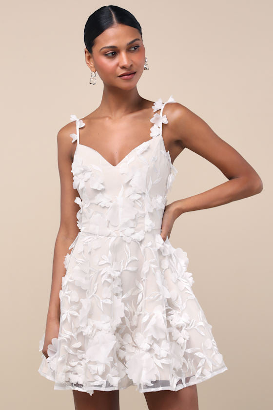 Flaviana White and Beige 3D Floral Embroidered Mini Dress