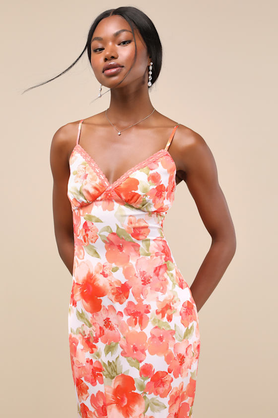 Mattie Orange Floral Satin Lace Midi Slip Dress