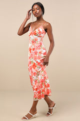 Mattie Orange Floral Satin Lace Midi Slip Dress