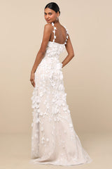 Kore White and Beige 3D Floral Mermaid Maxi Dress