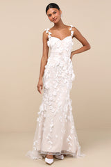 Kore White and Beige 3D Floral Mermaid Maxi Dress