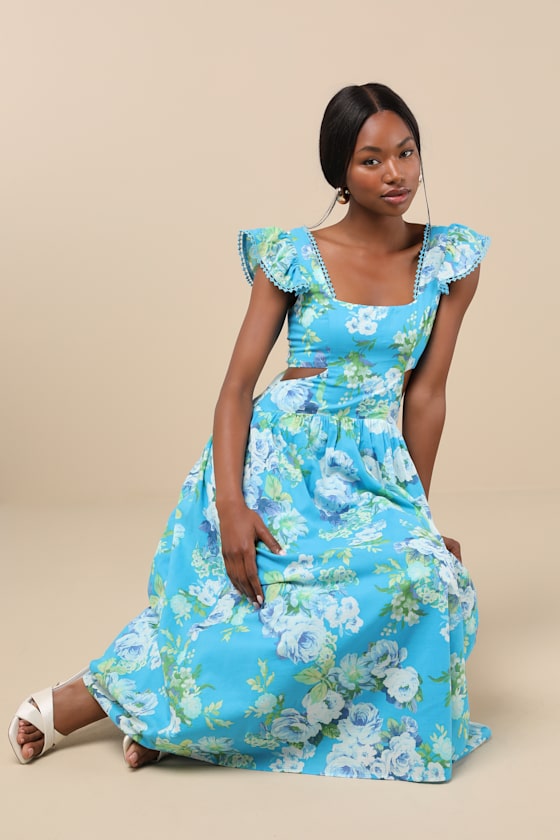 Prielle Bright Blue Floral Cutout Midi Dress
