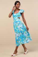 Prielle Bright Blue Floral Cutout Midi Dress