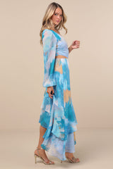 Faria Blue Multi Abstract Metallic Clip Dot Midi Dress