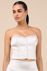 Megan White Satin Pearl Strapless Crop Top