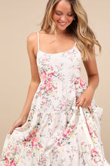Mykonos Mood Pink and Ivory Floral Tie-Strap Tiered Midi Dress