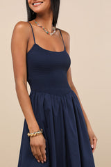 Tandria Navy Smocked Sleeveless Midi Dress