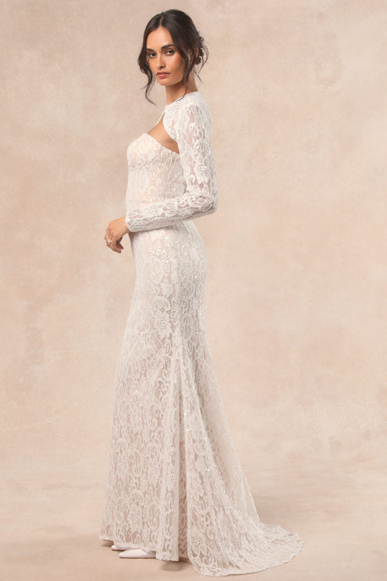 Neska White and Beige Lace Maxi Dress and Shrug Set